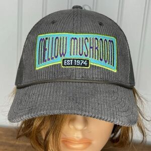 Mellow Mushroom Corduroy Trucker Hat Cap Snapback Gray Teal Unisex NWOT